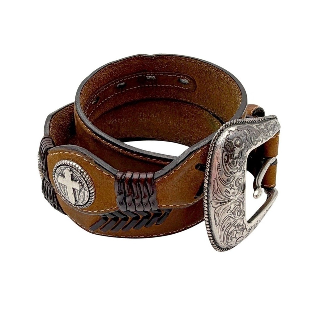 VTG Larry‎ Mahan Leather Western Belt Cross Concho Silver Buckle Mens Sz 34 Goth